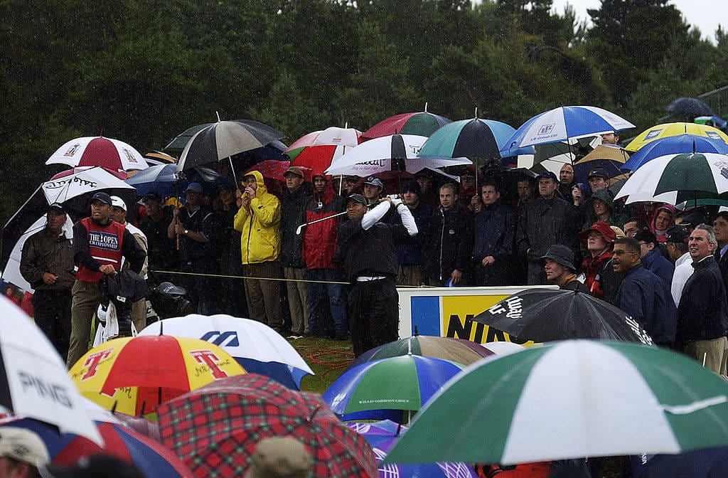 Tiger Woods battles the elements at Muirfield in 2002